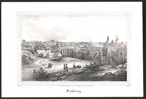 Lithographie Frohburg, Totalansicht vom Ort, Lithographie um 1835 aus Saxonia