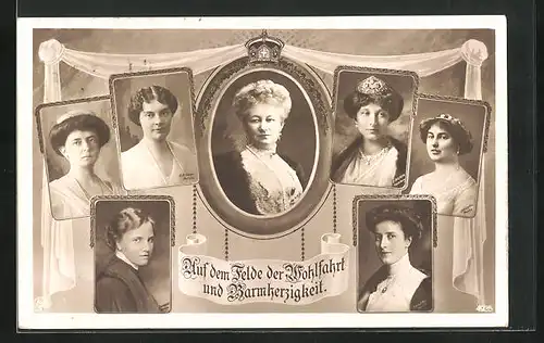 AK Auf dem Felde der Wohlfahrt und Barmherzigkeit, Kaiserin Augusta Victoria und andere Damen in Portraits