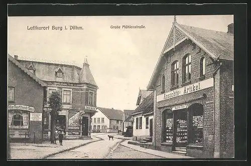 AK Burg i. Dithm, Grosse Mühlenstrasse mit Ansichtskartengeschäft, Inh. Heinrich Sötje