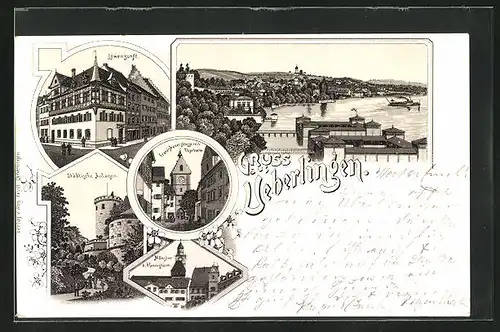 Lithographie Überlingen, Gasthaus Löwenzunft, Städtische Anlagen, Münster mit Pfennigturm