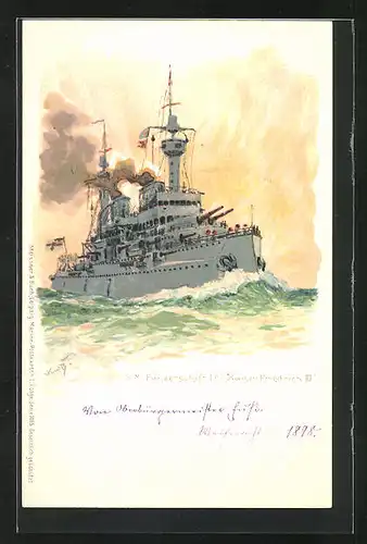 Künstler-AK Hans Bohrdt: SM Panzerschiff I. Cl. Kaiser Friedrich III. in voller Fahrt