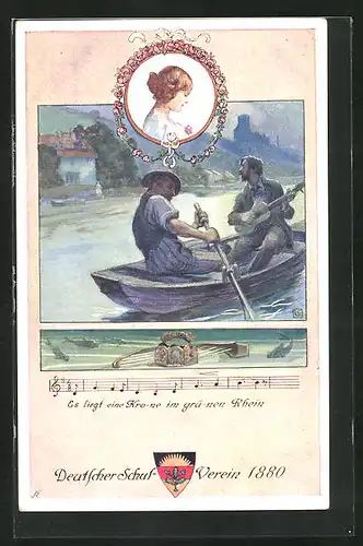 AK Deutscher Schulverein Nr.91: Mann mit Gitarre im Boot mit einer Frau, Es liegt eine Krone im grünen Rhein