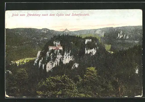 AK Oybin, Blick vom Pferdeberg mit Scharfenstein