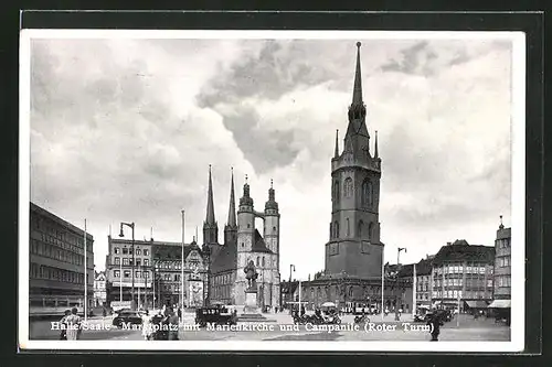 AK Halle / Saale, Marktplatz mit Marienkirche und Campanile (Roter Turm)