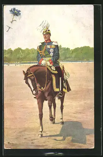 Künstler-AK Friedrich August von Sachsen zu Pferd beim Appell