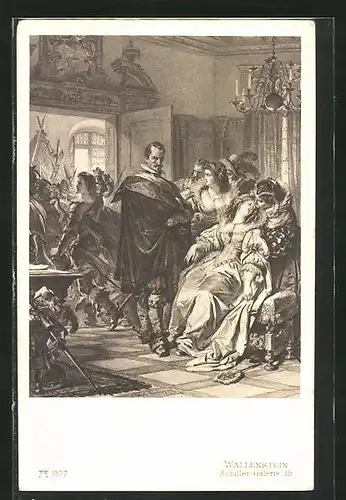 Künstler-AK Friedrich von Schiller, Szene aus Wallenstein, Ritter vor der Tür