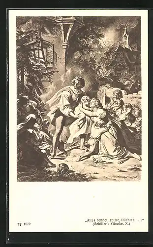 Künstler-AK Schillers Glocke, Alles rennet, rettet, flüchtet, Mutter und Vater mit Kindern