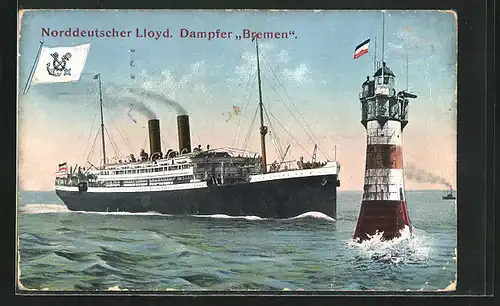 AK Dampfer Bremen passiert Leuchtturm, Reederei Norddeutscher Lloyd Bremen