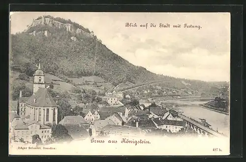 AK Königstein / Elbe, Stadtansicht mit Festung