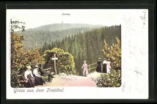 Lithographie Pöhl, Passanten am Aussichtspunkt mit der Loreley im Hintergrund