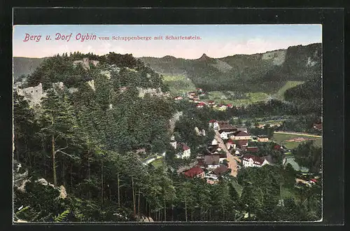 AK Oybin, Blick auf den Berg und das Dorf darunter