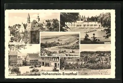 AK Hohenstein-Ernsttal, das Stadtbad, Rathaus mit Kirche, Marktplatz