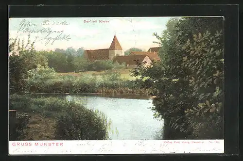 AK Munster, Blick vom Ufer zum Dorf und der Kirche