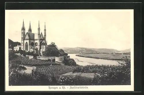 AK Remagen am Rhein, Blick auf die Apollinariskirche über dem Fluss