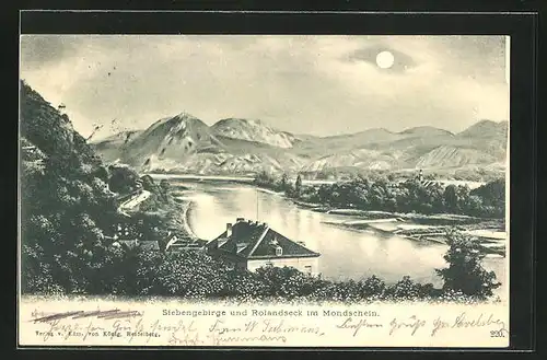 AK Rolandseck a. Rh., Blick über den Rhein im Mondschein mit dem Siebengebirge
