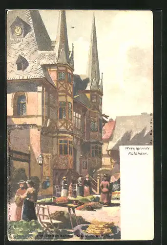 AK Wernigerode, Rathaus am Marktplatz mit Händlern