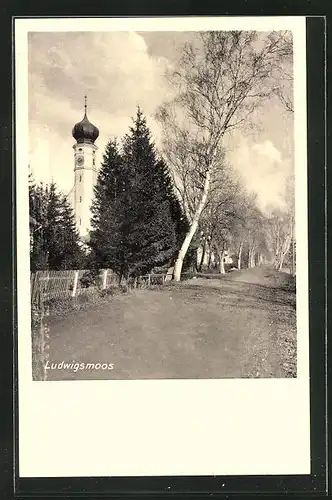 AK Ludwigsmoos, Strasse mit Kirche