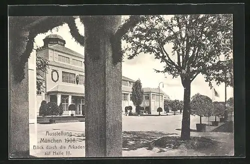 AK München, Ausstellung 1908, Blick durch die Arkaden auf die Halle II