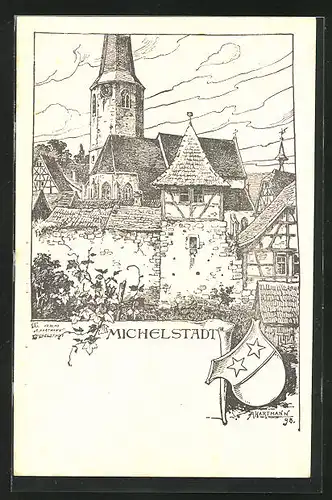 Künstler-AK Michelstadt, Partie am Kirchturm, Wappen