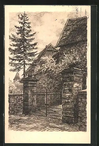 Künstler-AK Erbach / Odenwald, am Graben mit Tor zum Schlosshof
