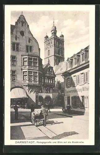 AK Darmstadt, Pädagogstrasse mit Blick auf die Stadtkirche
