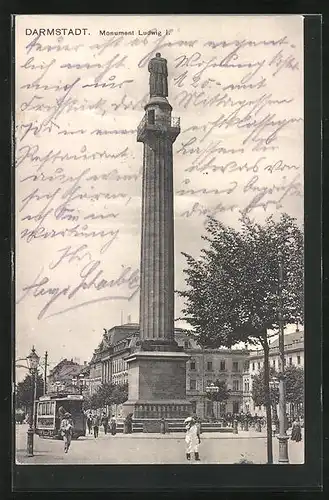 AK Darmstadt, Monument Ludwig I., Strassenbahn