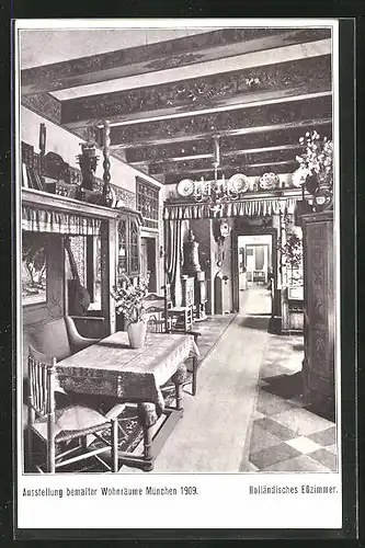 AK München, Ausstellung bemalter Wohnräume 1909, Blick in das holländische Esszimmer