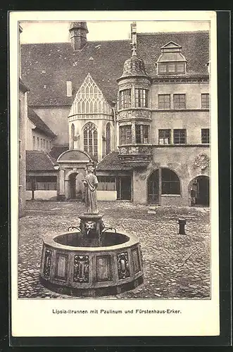 AK Leipzig, Intern. Baufachausstellung 1913, Lipsia-Brunnen mit Paulinum und Fürstenhaus-Erker