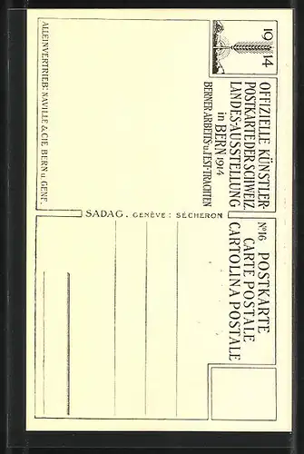 Künstler-AK Bern, Landesausstellung f. Berner Arbeits- und Fest-Trachten 1914, Frau und Mann in Trachtenkleidung