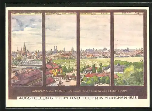 AK München, Ausstellung Heim & Technik 1928, Panorama vom Leuchtturm gesehen