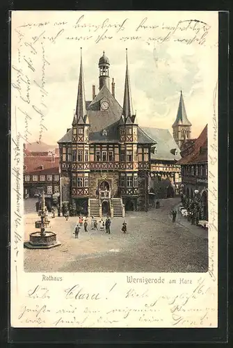 AK Wernigerode / Harz, Rathaus mit Brunnen