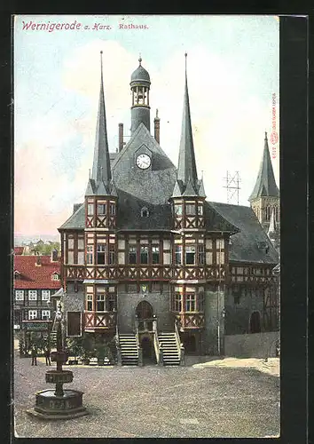 AK Wernigerode / Harz, Rathaus mit Brunnen
