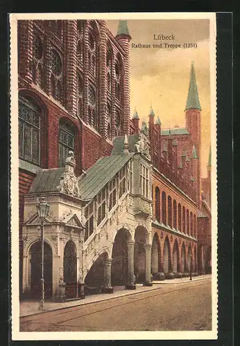 AK Lübeck Rathaus mit Treppe am frühen Abend