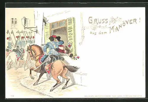 Lithographie Soldat küsst seine Frau beim Abschied auf dem Weg zum Kaisermanöver