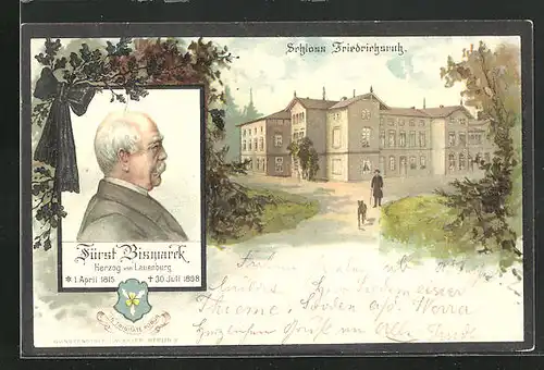 Lithographie Friedrichsruh, Schloss Friedrichsruh, Fürst Bismarck in Seitenansicht