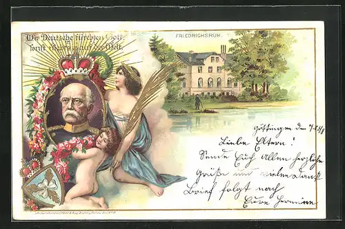 Lithographie Friedrichsruh, Schloss mit Fluss, Porträt von Kaiser Wilhelm II.