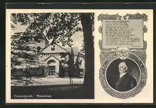 AK Friedrichsruh, Mausoleum im Sonnenschein, Porträtbild von Fürst Bismarck