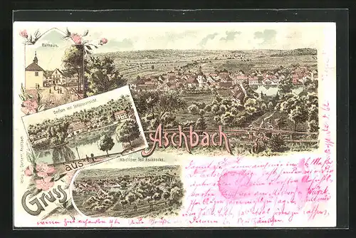 Lithographie Aschbach, Rathaus, Dorfsee mit Schloss, Gesamtansichten