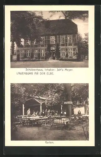 AK Lauenburg / Elbe, Gasthaus Schützenhaus von Joh's Meyer, Aussen- und Gartenansicht