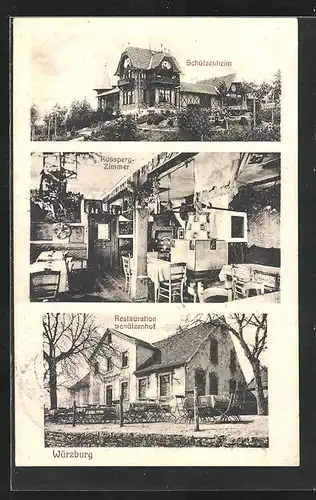 AK Würzburg, Gasthaus Schützenhof, Hotel Schützenheim, Blick in das Rossperg-Zimmer