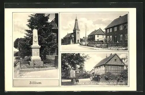 AK Sillium, Kriegerdenkmal, Geschäftshaus Hoppmann, Dorfstrasse mit Kirche