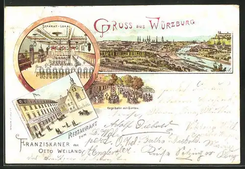 Lithographie Würzburg, Restauramt zum Franziskaner von Otto Weiland, Kegelbahn mit Garten, Stadtpanorama