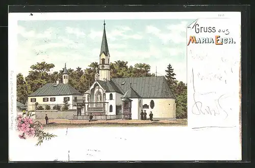 Lithographie Maria Eich, Kirche und Pfarrhaus