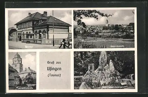 AK Usingen / Taunus, Laurentiuskirche, Fürst Walrad-Denkmal, Bahnhof