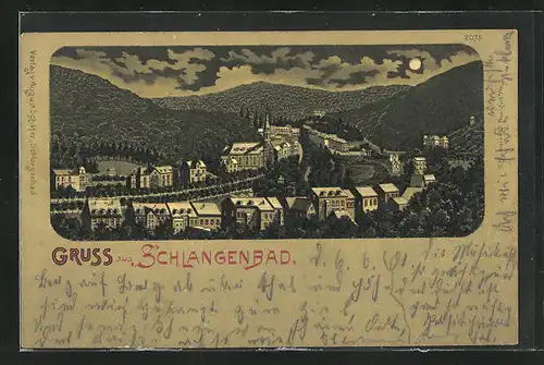 Mondschein-Lithographie Schlangenbad, Ortspartie im Gebirge