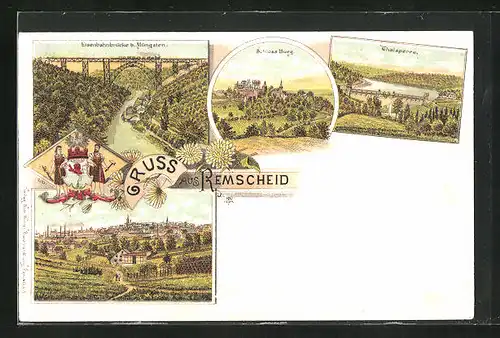 Lithographie Remscheid, Eisenbahnbrücke, Schloss Burg, Thalsperre