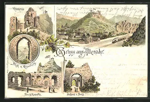 Vorläufer-Lithographie Altenahr, 1895, Burgkapelle, Aufgang zur Burg, Rittersprung, Gesamtansicht