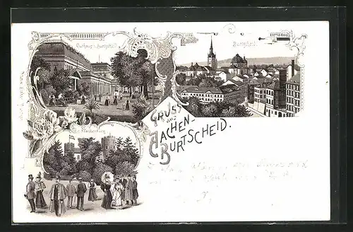 Lithographie Aachen-Burtscheid, Kurhotel, Frankenburg, Teilansicht aus der Vogelschau