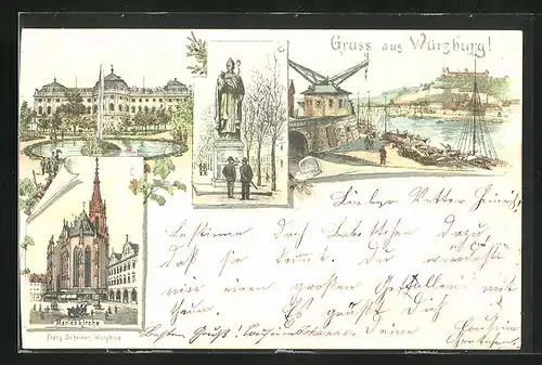 Lithographie Würzburg, Marienkirche, Denkmal und Hafen