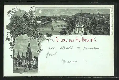 Mondschein-Lithographie Heilbronn a. N., Kilianskirche, Gesamtansicht mit Götzenturm